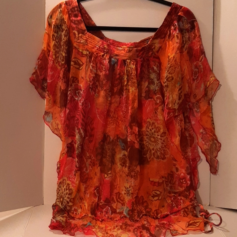 Sheer maternity top, vibrant orange pattern, Olian size small, silk